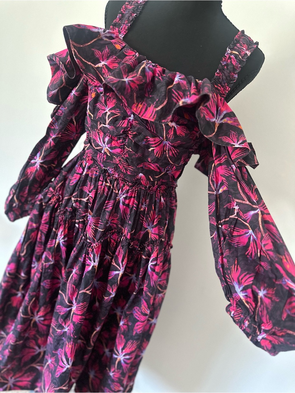 Ulla Johnson Cold Shoulder Floral Dress Pink Black Ruffle Sleeve Long Sleeve - Picture 7 of 10